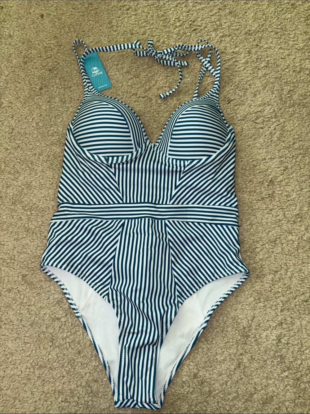 Cupshe Blue/Teal and White Striped Halter One-Piece Swimsuit